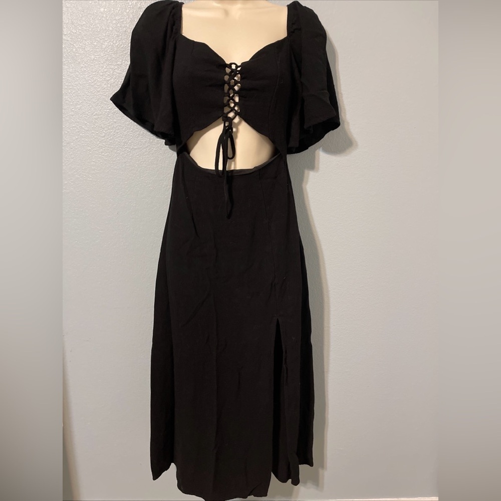 L.I.A. Love Is All Black Midi Dress Lace Up Cut Out Front Whimsigoth Slit Small